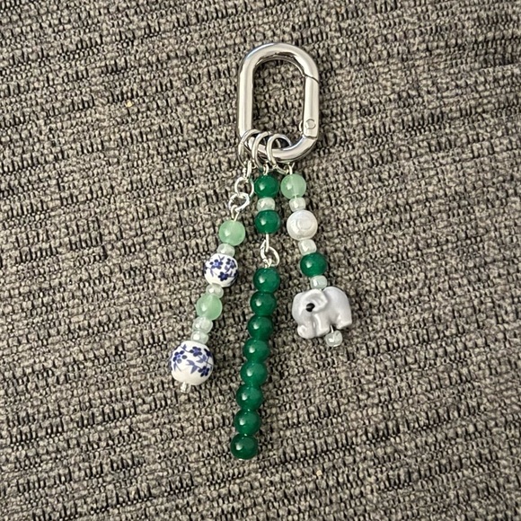 Handmade Accessories - Jungle Green Elephant Bag Charm Keychain with Real Pearl Detail